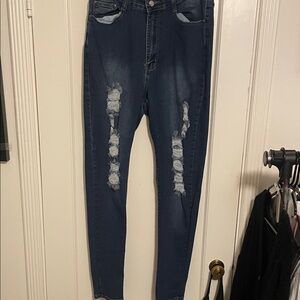 Fashion Nova Dark Blue Distressed Skinny Jeans